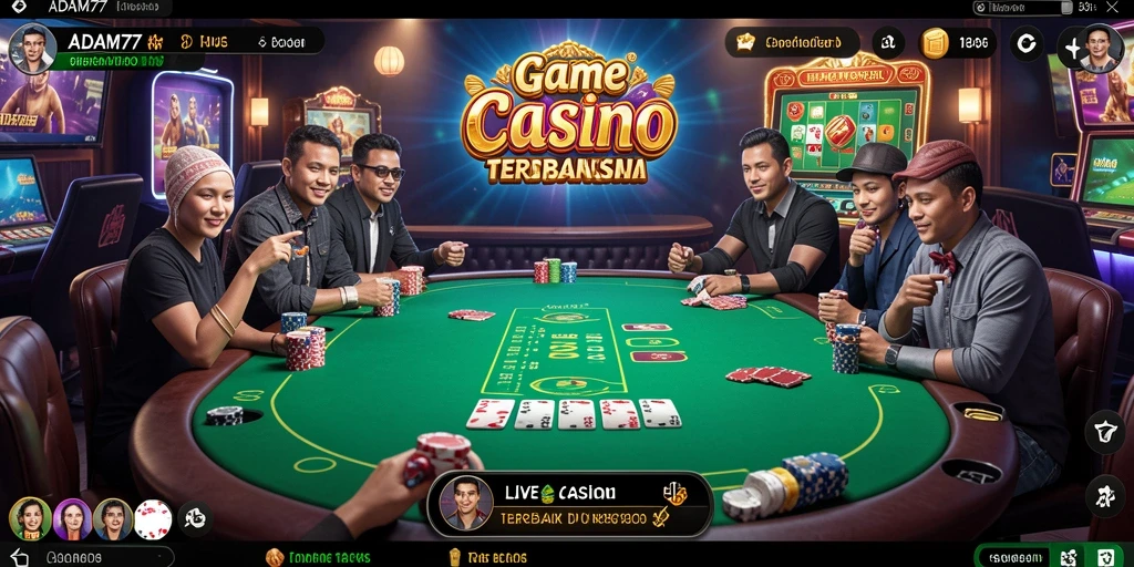 Screenshot gameplay ADAM77 menampilkan dealer langsung yang ramah dan interaksi pemain.
