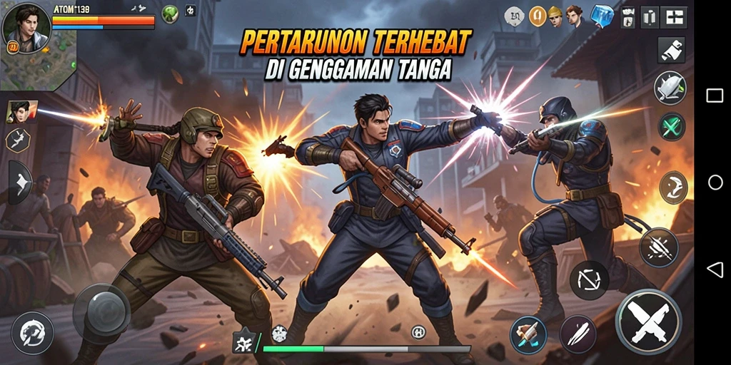 Tampilan gameplay ATOM138 yang menegangkan dalam pertarungan Fighting.