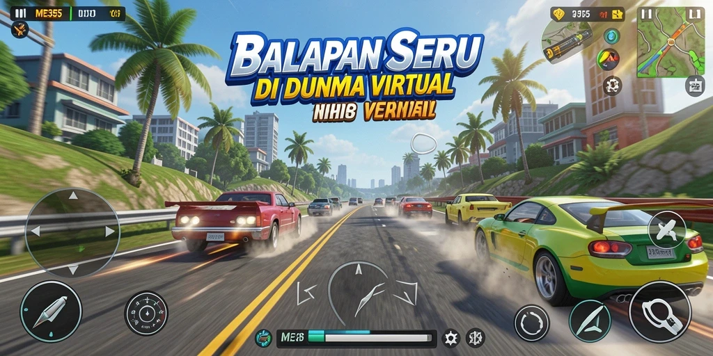 Screenshot ME355 menampilkan aksi balapan cepat dan mobil keren.