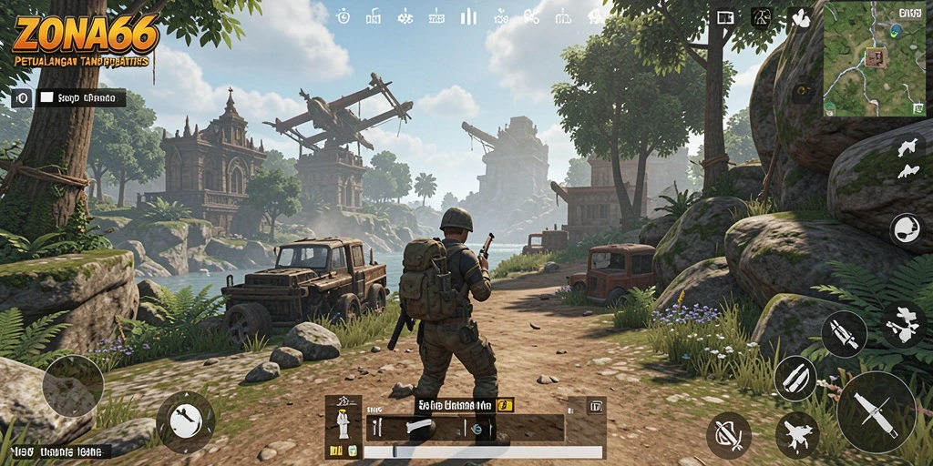 Screenshot menunjukkan karakter menjelajahi dunia yang luas dan beragam.